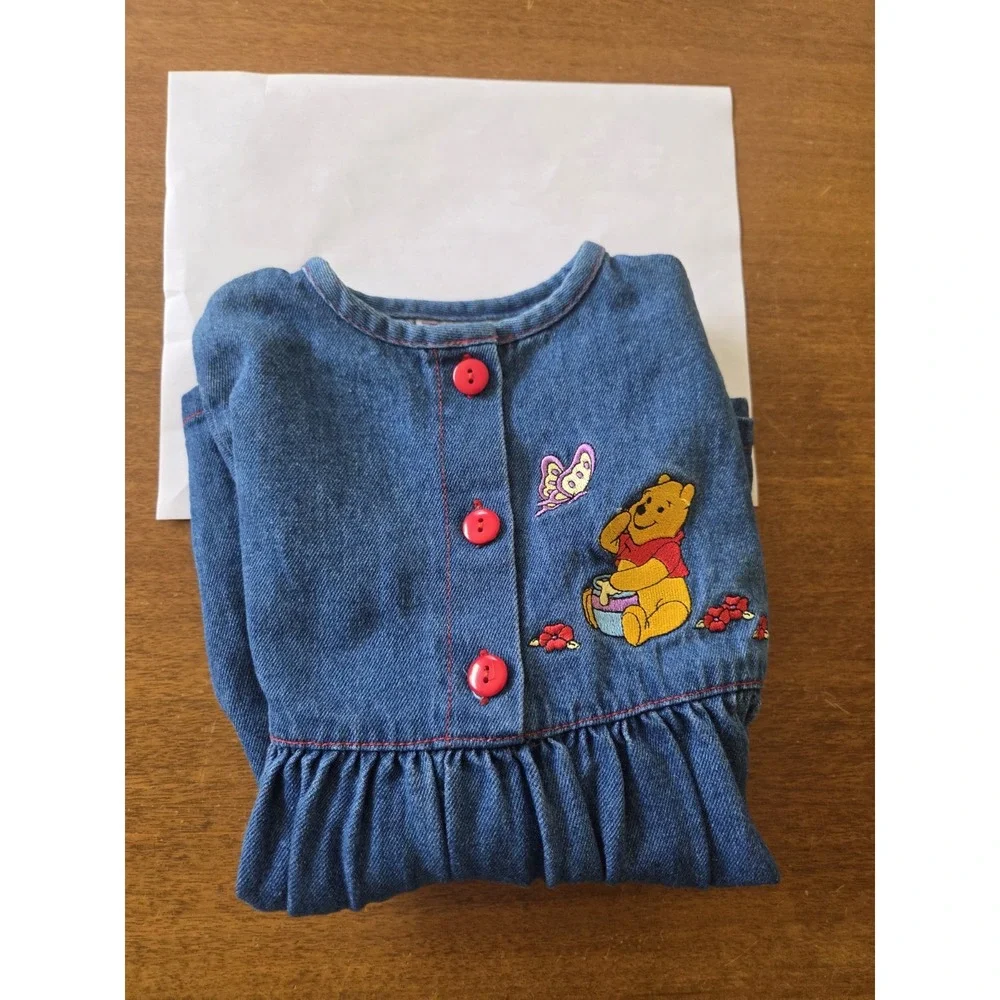 Vtg Winnie The Pooh Denim Dress Girls 3t Long Sleeve Kids 90s Y2k butterfly
